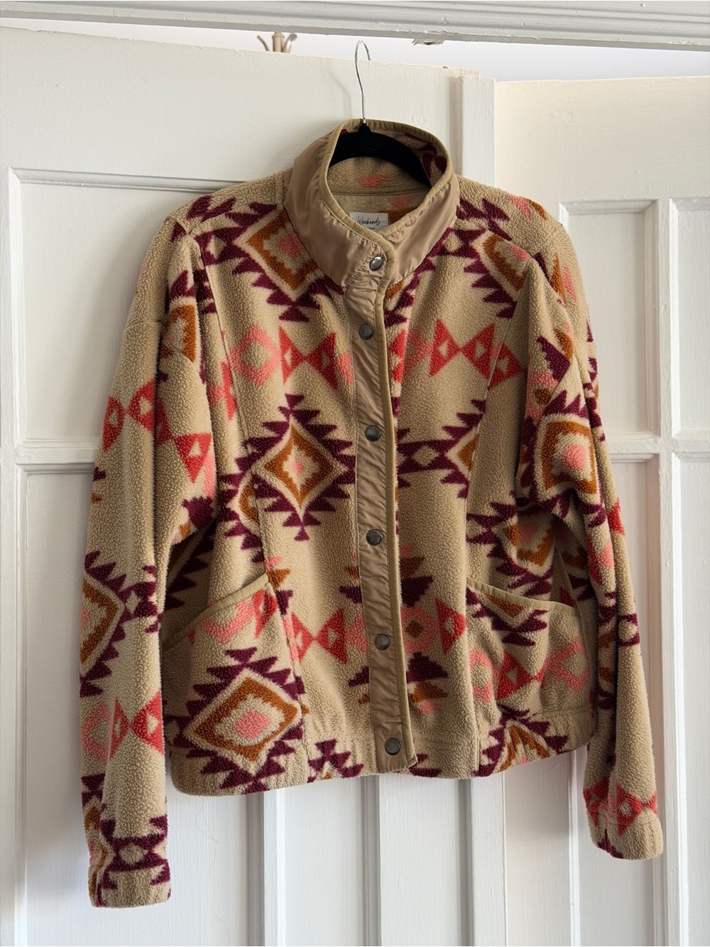 Teddy Fleece Aztec Snap-Front Jacket in Beige